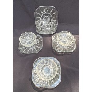Vintage 1950s Federal Glass Clear Columbia Bubble Sun Square Cups & Saucers -S51